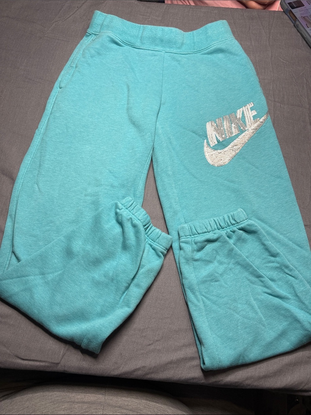 Nike Kids Aqua Sweat Joggers with Silver sequin Swoosh